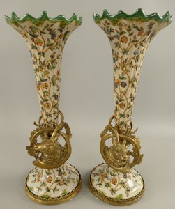 Casa Padrino Art Nouveau porcelain vases set cream / multicolored / brass Ø 12 x H. 34 cm - Baroque & Art Nouveau Decoration Accessories