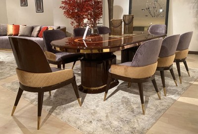 Casa Padrino set sala da pranzo di lusso viola / beige / marrone scuro / oro - 1 Tavolo da Pranzo e 8 Sedie da Pranzo - Mobili per sala da pranzo di lusso - Qualità di Lusso