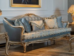 Casa Padrino canapé baroque de luxe bleu clair / argent / or - Canapé de salon fait main de style baroque - Mobilier de salon baroque