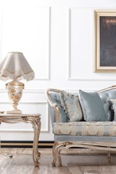 Casa Padrino canapé baroque de luxe bleu clair / argent / or - Canapé de salon fait main de style baroque - Mobilier de salon baroque