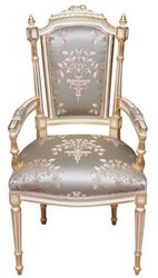 Barock Esszimmerstuhl mit Armlehnen Silber Weiß Gold Baroque Dining Chair with Armrests Silver White Gold