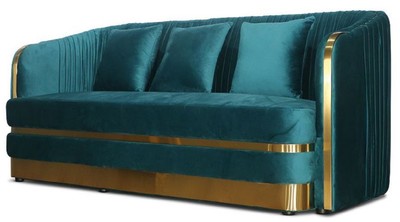 Casa Padrino Art Deco Samt Sofa Grünblau / Gold 180 x 78 x H. 80 cm - Wohnzimmer Sofa - Art Deco Wohnzimmer Möbel