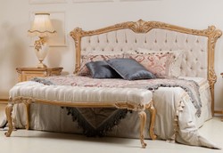 Casa Padrino lit double baroque de luxe crème / or - Lit en bois massif noble avec tête de lit - Magnifique mobilier de chambre de style baroque