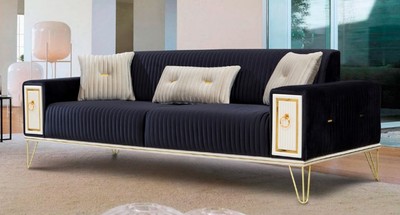 Casa Padrino luxury sofa bed dark blue / white / gold 220 x 90 x H. 80 cm - Modern living room sofa - Living room furniture