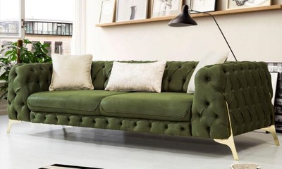 Casa Padrino luxury Chesterfield sofa bed dark green / gold 250 x 95 x H. 72 cm - Modern living room sofa - Chesterfield living room furniture