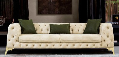 Casa Padrino luxury Chesterfield sofa bed cream / gold 250 x 95 x H. 72 cm - Modern living room sofa - Chesterfield living room furniture