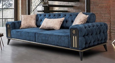 Casa Padrino luxury Chesterfield sofa bed blue / black / gold 220 x 90 x H. 80 cm - Modern living room sofa - Chesterfield living room furniture