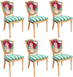 Casa Padrino Art Deco Dining Chair Set Green / White / Multicolored / Natural - 6 Handmade Art Deco Kitchen Chairs with Design and Stripes - Art Deco Dining Room Furniture