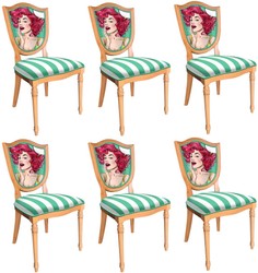 Casa Padrino ensemble de chaises de salle à manger Art Déco vert / blanc / multicolore / naturelle - 6 Chaises de cuisine Art Déco avec design et rayures - Meubles de salle à manger Art Déco