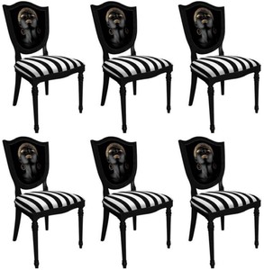 Casa Padrino set di sedie per sala da pranzo Art Deco bianco / multicolore / nero - 6 Sedie da cucina Art Deco fatte a mano con strisce e design - Mobili da sala da pranzo Art Deco

