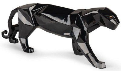 Casa Padrino scultura di pantera in porcellana di lusso nero satinato 50 x 12 x A. 19 cm - Figura decorativa realizzato a mano in finissima porcellana spagnola - Accessori decorativi di lusso