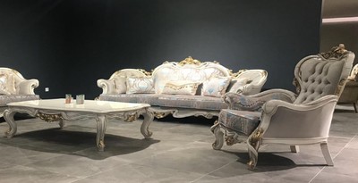 Casa Padrino set da soggiorno barocco di lusso grigio / turchese / bianco / oro - 2 Divani Barocchi con Motivo e 2 Poltrone Barocche con Motivo e 1 Tavolo da Salotto Barocco - Mobili Barocco