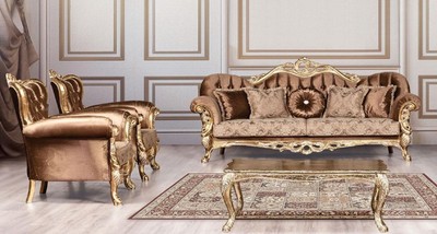 Casa Padrino set da soggiorno barocco di lusso marrone / oro antico - 2 Divani Barocchi con Motivo e 2 Poltrone Barocche con Motivo e 1 Tavolo da Salotto Barocco - Mobili Barocco