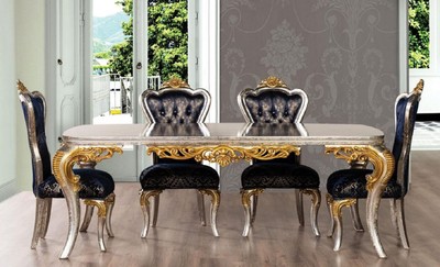 Casa Padrino conjunto de comedor barroco de lujo azul real / plata / oro - 1 Mesa de Comedor Barroco y 6 Sillas de Comedor Barroco - Muebles de comedor en estilo barroco - Noble y Magnífico