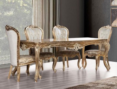 Casa Padrino set da sala da pranzo barocco di lusso bianco / oro / oro antico - 1 Tavolo da Pranzo Barocco e 6 Sedie da Pranzo Barocco - Mobili per sala da pranzo barocco - Nobile e Magnifico