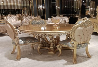 Casa Padrino set da sala da pranzo barocco di lusso turchese / rosa / oro - 1 Tavolo da Pranzo Barocco e 4 Sedie da Pranzo Barocco - Mobili per sala da pranzo barocco - Nobile e Magnifico