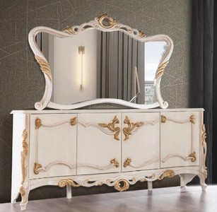 Luxus Barock Sideboard mit Spiegel Weiß Beige Gold Luxury Baroque Sideboard with Mirror White Beige Gold