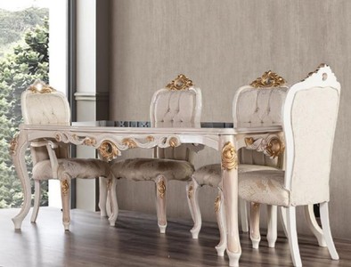 Casa Padrino set da sala da pranzo barocco di lusso grigio / bianco / beige / oro - 1 Tavolo da Pranzo Barocco e 6 Sedie da Pranzo Barocco con Motivo Elegante - Mobili per sala da pranzo barocco
