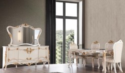Casa Padrino ensemble de salle à manger baroque de luxe gris / blanc / beige / or - 1 Table à Manger Baroque & 6 Chaises à Manger Baroque avec Motif - Meubles de salle à manger baroque