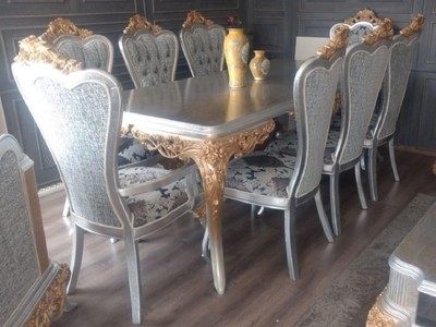 Casa Padrino set da sala da pranzo barocco di lusso blu / bianco / argento / rame - 1 Tavolo da Pranzo Barocco e 6 Sedie da Pranzo Barocco - Mobili per sala da pranzo barocco - Nobile e Magnifico