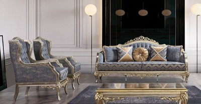 Casa Padrino ensemble de salon baroque de luxe bleu / argent / or - 2 Canapés Baroques & 2 Fauteuils Baroques & 1 Table Basse Baroque - Meuble de salon baroque
