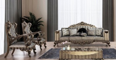 Casa Padrino ensemble de salon baroque de luxe argent / noir / or - 2 Canapés Baroques & 2 Fauteuils Baroques & 1 Table Basse Baroque - Meuble de salon baroque
