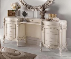 Luxus Barock Schminkkommode Creme Silber Luxury Baroque Dressing Table Cream Silver