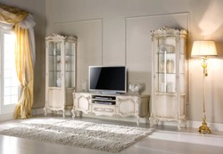 Casa Padrino luxury baroque TV cabinet cream / silver - Handmade solid wood sideboard with 2 doors and drawer - Baroque living room furniture - Luxury Quality - Made in Italy