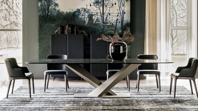 Luxus Esstisch mit Keramik Tischplatte Hochglanz Schwarz Titan Luxury Dining Table with Ceramic Top High Gloss Black Titanium