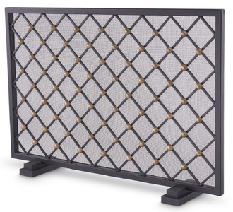 Casa Padrino pantalla de chimenea de lujo negro / latón vintage 84 x 15 x A. 57 cm - Protección contra chispas con patrón de diamantes - Accesorios de chimenea de lujo