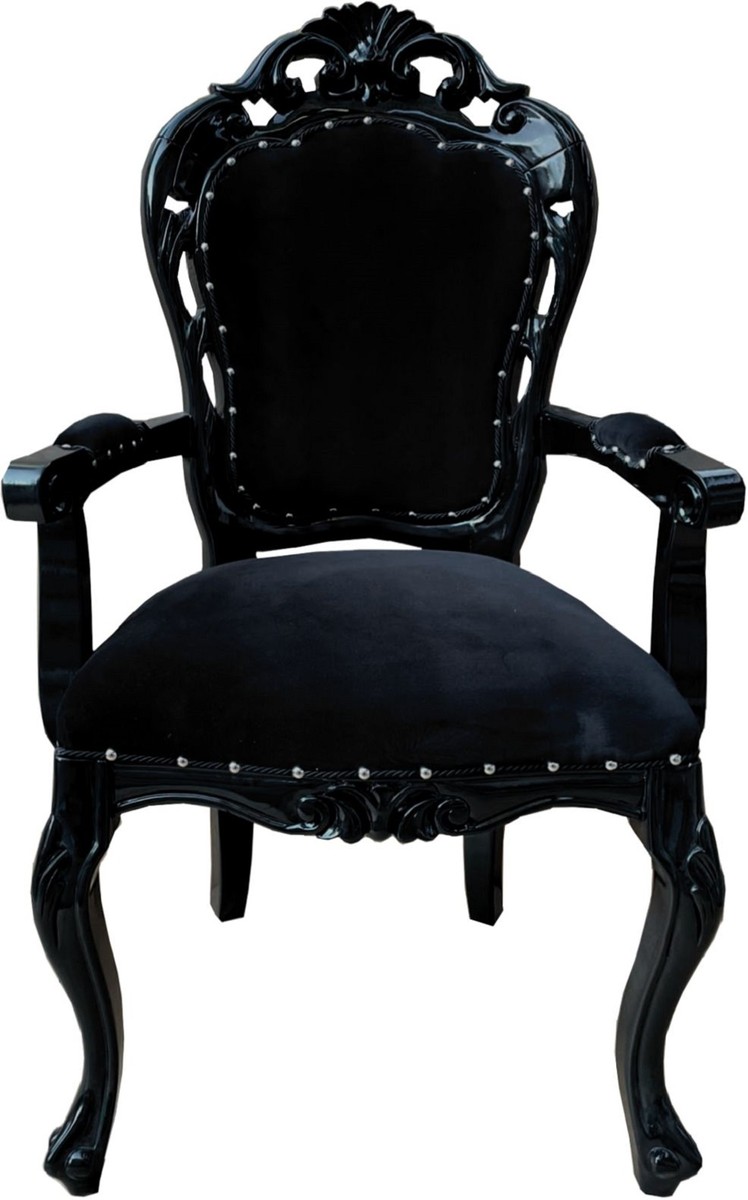 Casa Padrino baroque dining chair black - Handmade antique style chair with armrests and fine velvet fabric - Dining room furniture in baroque style Casa Padrino baroque dining chair black - Handmade antique style chair with armrests and fine velvet fabric - Dining room furniture in baroque style