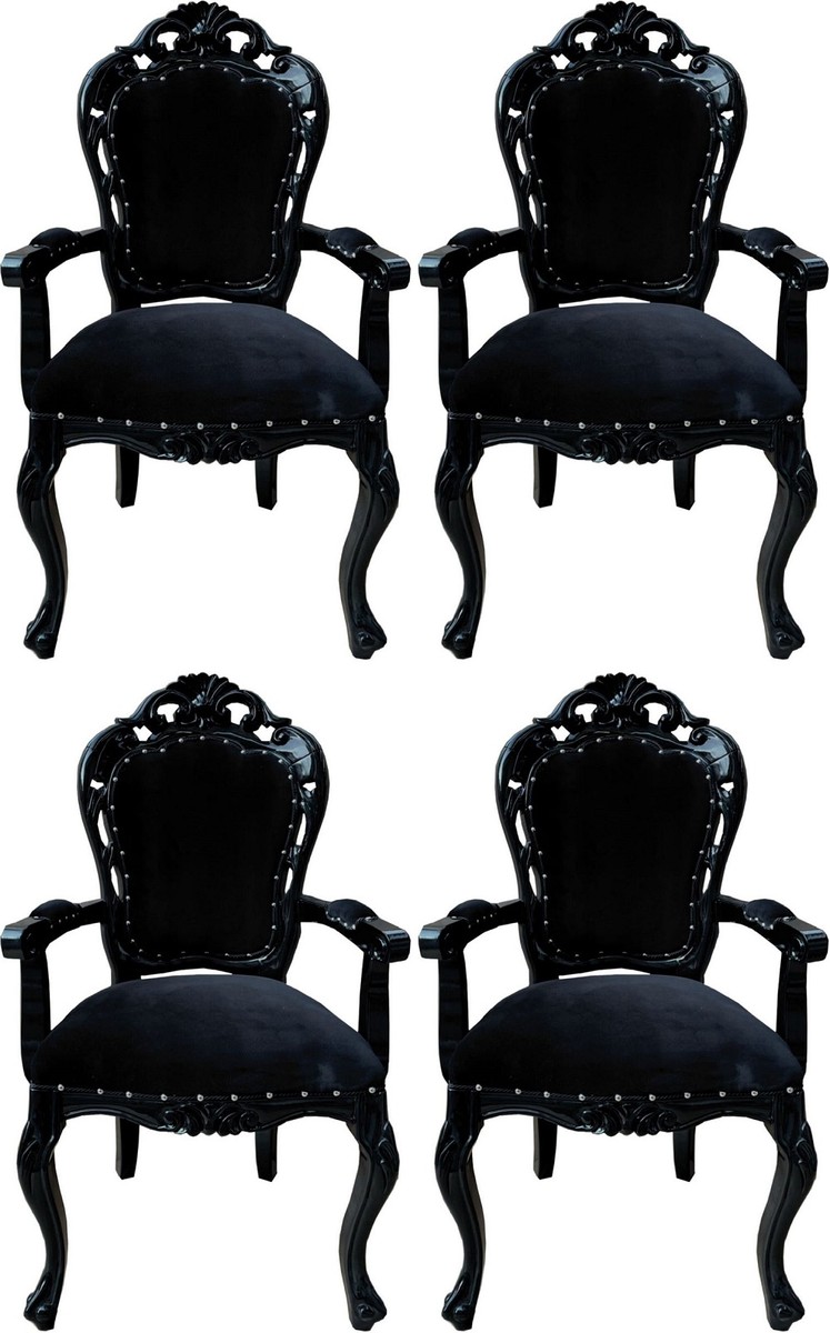 Casa Padrino conjunto de 4 sillas de comedor barrocos negro - Sillas de estilo antiguo hecho a mano con reposabrazos - Muebles de Comedor Barrocos Casa Padrino conjunto de 4 sillas de comedor barrocos negro - Sillas de estilo antiguo hecho a mano con reposabrazos - Muebles de Comedor Barrocos