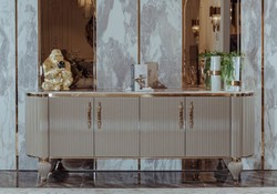 Casa Padrino luxury Art Deco sideboard gray / white / gold 235 x 54 x H. 90 cm - Noble solid wood cabinet with 4 doors and faux marble tabletop - Art Deco Furniture - Luxury Quality