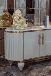 Casa Padrino luxury Art Deco sideboard gray / white / gold 235 x 54 x H. 90 cm - Noble solid wood cabinet with 4 doors and faux marble tabletop - Art Deco Furniture - Luxury Quality