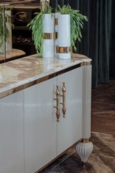 Casa Padrino luxury Art Deco sideboard gray / white / gold 235 x 54 x H. 90 cm - Noble solid wood cabinet with 4 doors and faux marble tabletop - Art Deco Furniture - Luxury Quality