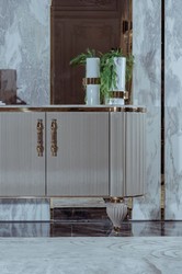 Casa Padrino luxury Art Deco sideboard gray / white / gold 235 x 54 x H. 90 cm - Noble solid wood cabinet with 4 doors and faux marble tabletop - Art Deco Furniture - Luxury Quality