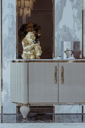 Casa Padrino luxury Art Deco sideboard gray / white / gold 235 x 54 x H. 90 cm - Noble solid wood cabinet with 4 doors and faux marble tabletop - Art Deco Furniture - Luxury Quality