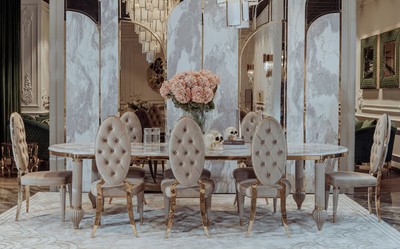 Casa Padrino set da sala da pranzo Art Deco di lusso grigio / bianco / oro - 1 Tavolo da Pranzo Art Deco con Piano in Marmo Artificiale e 8 Sedie da Pranzo Art Deco - Mobili da Pranzo Art Deco