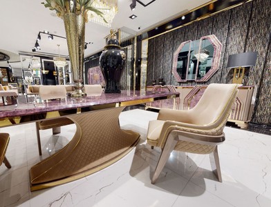Casa Padrino Luxus Art Deco Esstisch Lila / Beige / Gold - Handgefertigter Massivholz Küchentisch mit Tischplatte in Marmoroptik - Art Deco Esszimmer Möbel