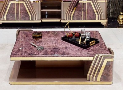 Casa Padrino tavolo da salotto Art Deco di lusso viola / grigio / oro - Tavolo da soggiorno con piano in aspetto marmo - Mobili da Soggiorno Art Deco