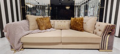 Casa Padrino divano Art Déco Chesterfield di lusso beige / viola / grigio / oro - Divano da soggiorno nobile con aspetto marmo - Mobili da Soggiorno e Hotel Art Déco di Lusso