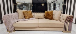 Casa Padrino luxury Art Deco Chesterfield Sofa beige / purple / gray / gold - Noble living room sofa with marble look - Luxury Art Deco Living Room & Hotel Furniture