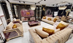 Casa Padrino luxury Art Deco Chesterfield Sofa beige / purple / gray / gold - Noble living room sofa with marble look - Luxury Art Deco Living Room & Hotel Furniture