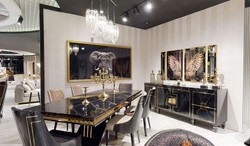 Casa Padrino table de salle à manger Art Déco de luxe noir / or - Table de cuisine en bois massif fait main - Mobilier de Salle à Manger Art Déco