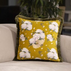 Luxus Designer Deko Kissen mit Fransen Blumen Design Gelb Mehrfarbig Grün Luxury Designer Decorative Pillow with Fringes Flowers Design Yellow Multicolor Green