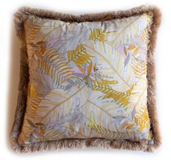 Luxus Designer Deko Kissen mit Fransen Blätter Design Mehrfarbig Braun Luxury Designer Decorative Pillow with Fringes Leaves Design Multicolor Brown