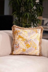 Luxus Designer Deko Kissen mit Fransen Blätter Design Mehrfarbig Braun Luxury Designer Decorative Pillow with Fringes Leaves Design Multicolor Brown