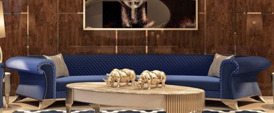 Gebogenes Luxus Art Deco Wohnzimmer Hotel Sofa Blau Gold Curved Luxury Art Deco Living Room Hotel Sofa Blue Gold