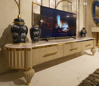 Luxus Art Deco TV Schrank Fernsehschrank Wohnzimmerschrank Weiß Grau Gold Luxury Art Deco TV Cabinet Living Room Cabinet White Gray Gold