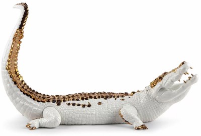 Casa Padrino figura decorativa in porcellana di lusso coccodrillo bianco / rame 68 x 28 x A. 39 cm - Scultura decorativa di alta qualità - Qualità di prima classe - Fatto in Spagna